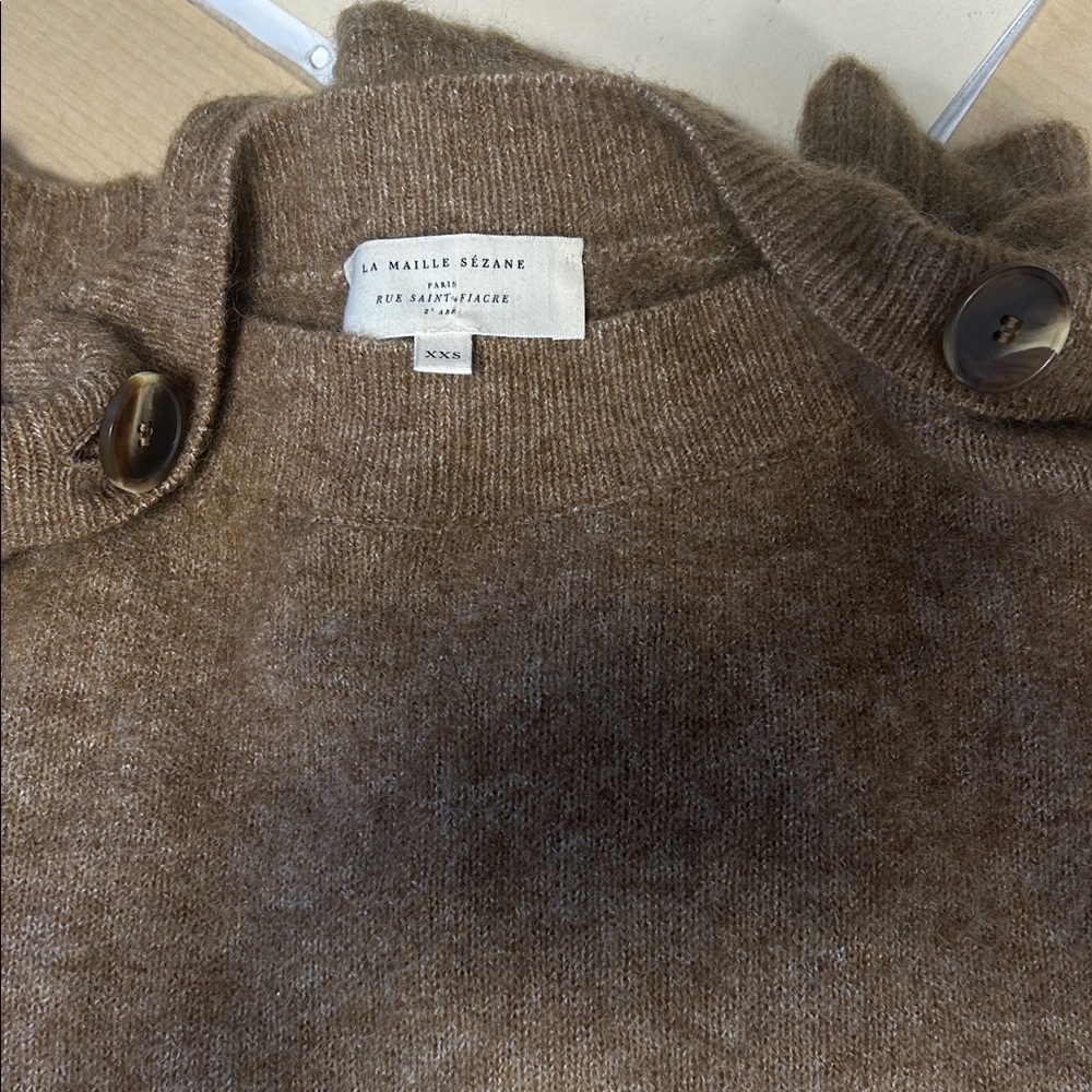 Sezane Tan Button-Detail Crew Neck Sweater